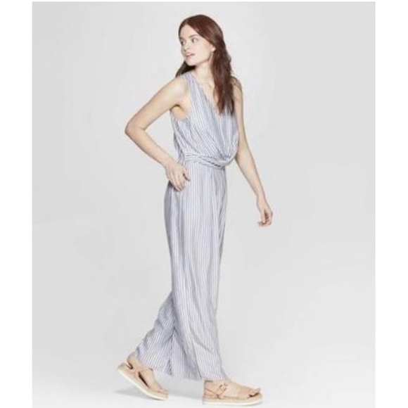 A new day blue white stripe draped jumpsuit with pockets small - Picture 2 of 4